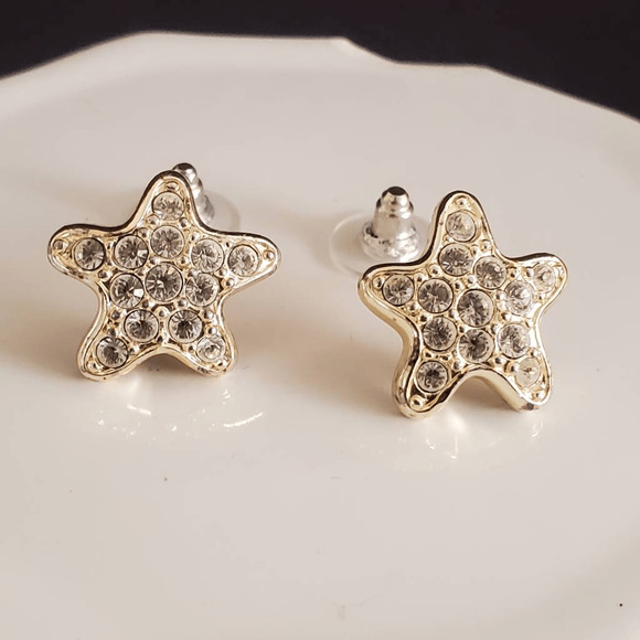 Swarovski Small Star Earrings Rhodium Plated Clear Pave Crystals Swan Signed - Picture 5 of 5
